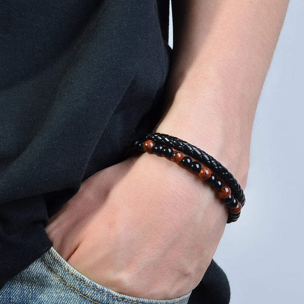 Edelstahl Armband mit Tigerauge & Lavastein – Unisex Naturstein Schmuck