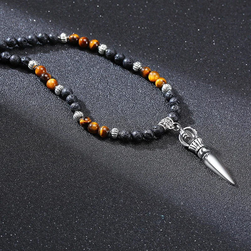 Tibetische Phurba Dolch Halskette – Kilaya & Tigerauge mit Lava Stein