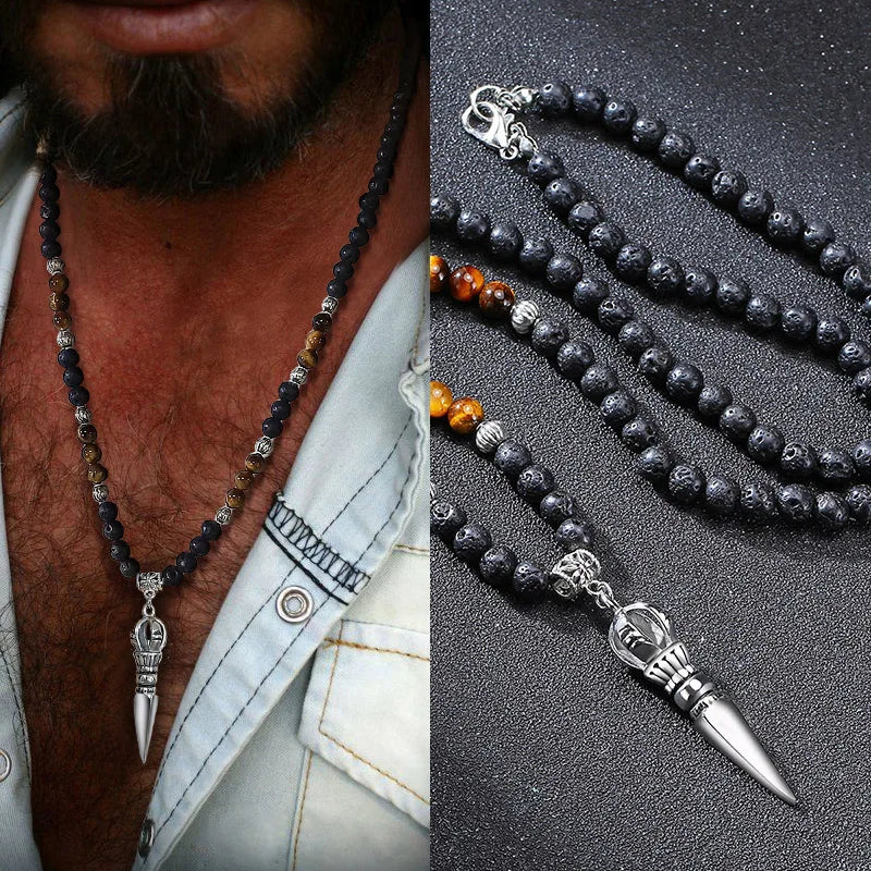 Tibetische Phurba Dolch Halskette – Kilaya & Tigerauge mit Lava Stein
