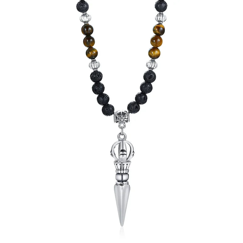 Tibetische Phurba Dolch Halskette – Kilaya & Tigerauge mit Lava Stein