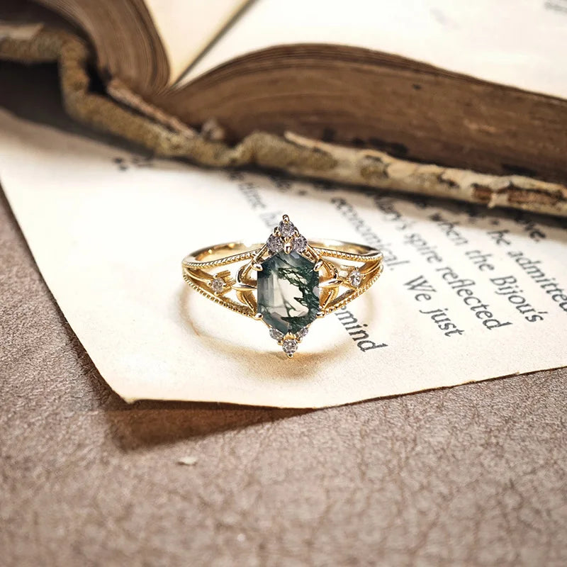 LAMOON Damenring – Moosachat & 925 Sterling Silber