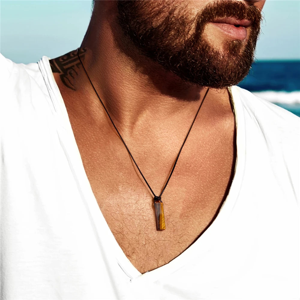 Vintage Herren Halskette – Obsidian & Tigerauge Anhänger mit Lederseil
