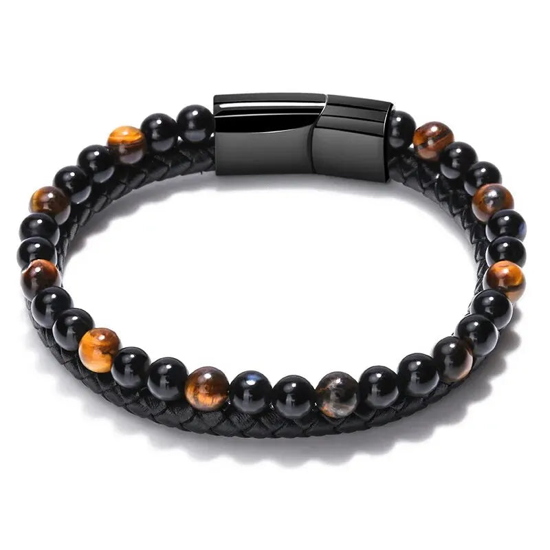 Edelstahl Armband mit Tigerauge & Lavastein – Unisex Naturstein Schmuck