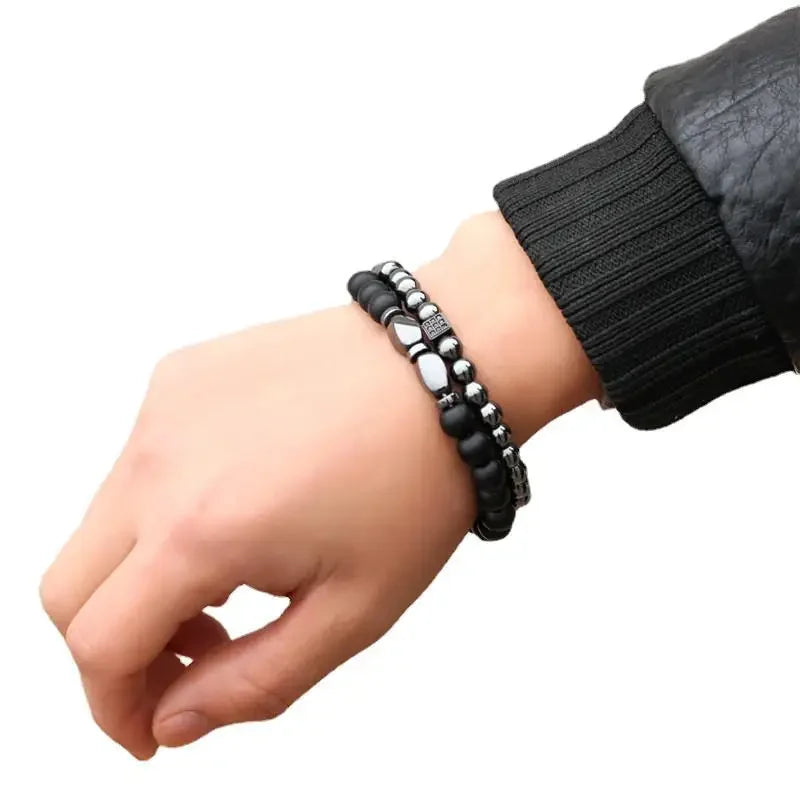 2er-Set Naturstein Armbänder für Männer – Hämatit & Zirkonia, Luxus-Design