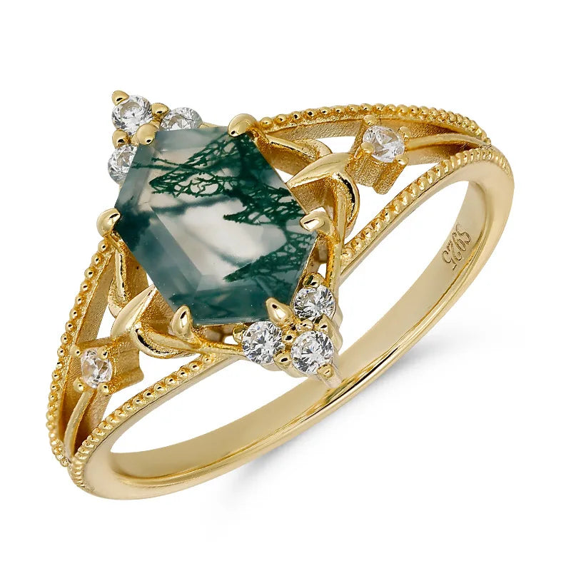 LAMOON Damenring – Moosachat & 925 Sterling Silber