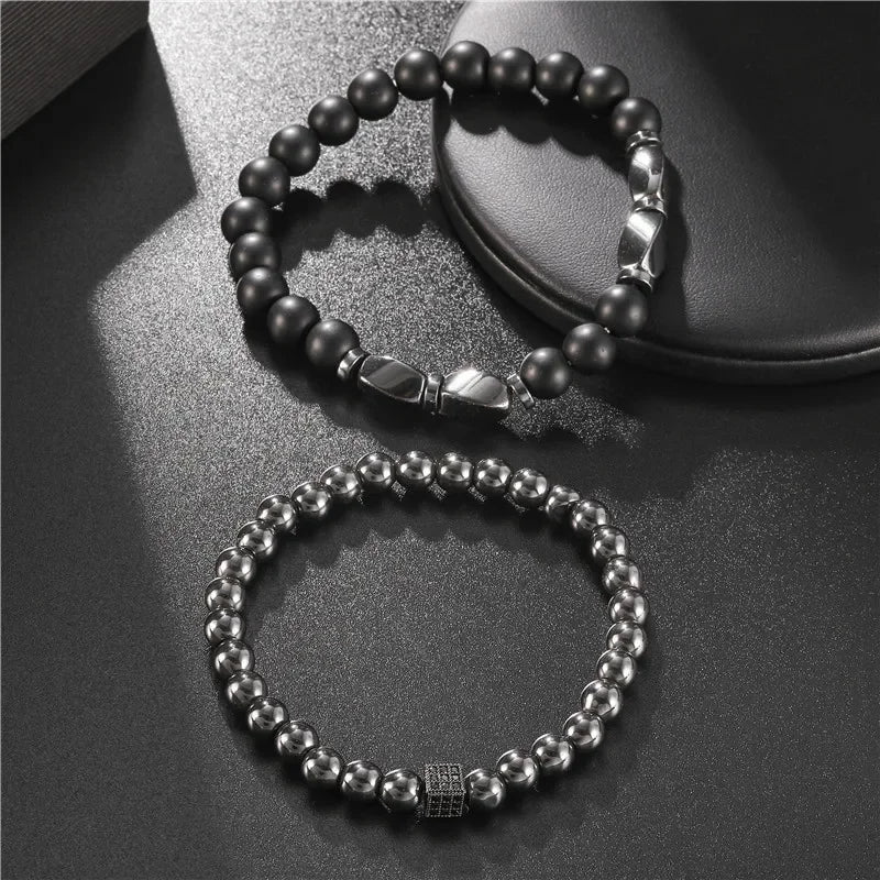 2er-Set Naturstein Armbänder für Männer – Hämatit & Zirkonia, Luxus-Design