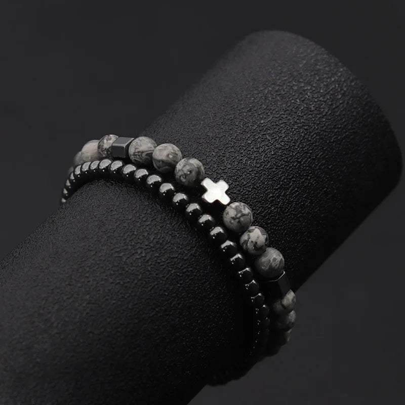 2er-Set Herrenarmbänder – Hematit Kreuz, Lavastein & Tigerauge