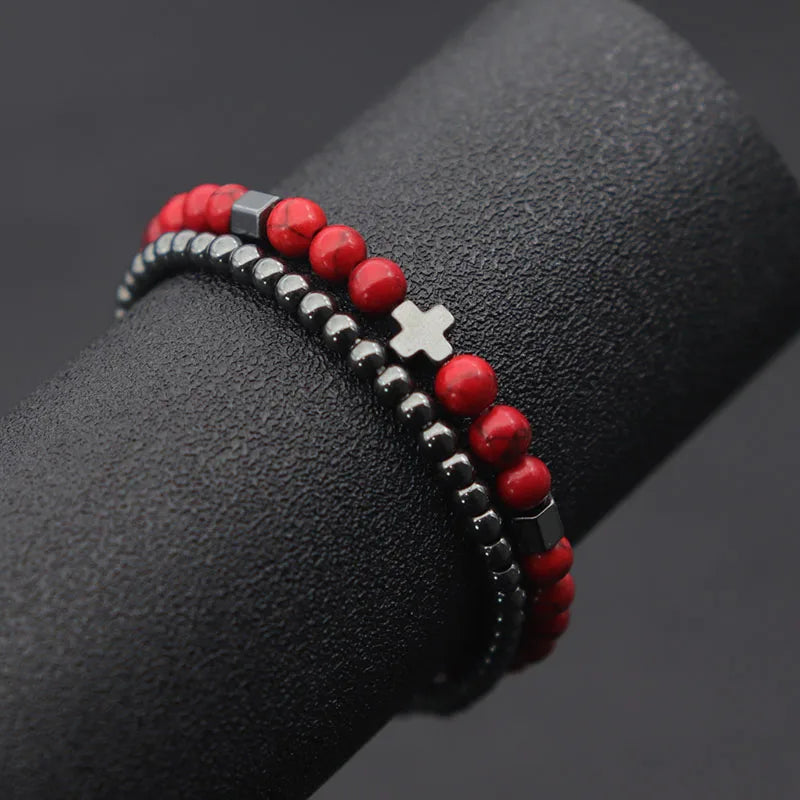 2er-Set Herrenarmbänder – Hematit Kreuz, Lavastein & Tigerauge