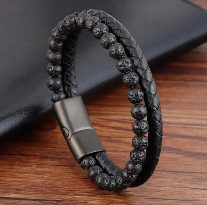 Edelstahl Armband mit Tigerauge & Lavastein – Unisex Naturstein Schmuck