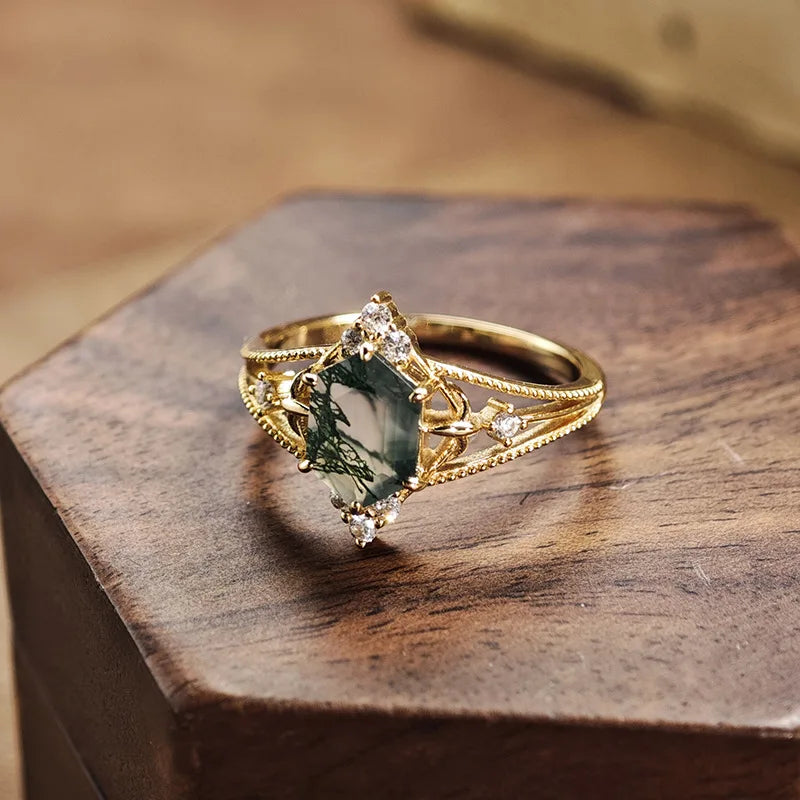 LAMOON Damenring – Moosachat & 925 Sterling Silber