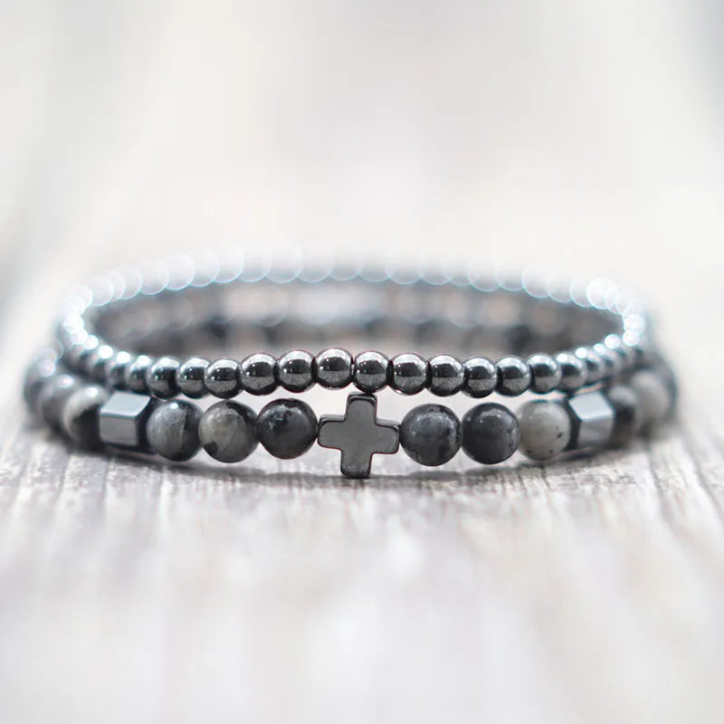 2er-Set Herrenarmbänder – Hematit Kreuz, Lavastein & Tigerauge