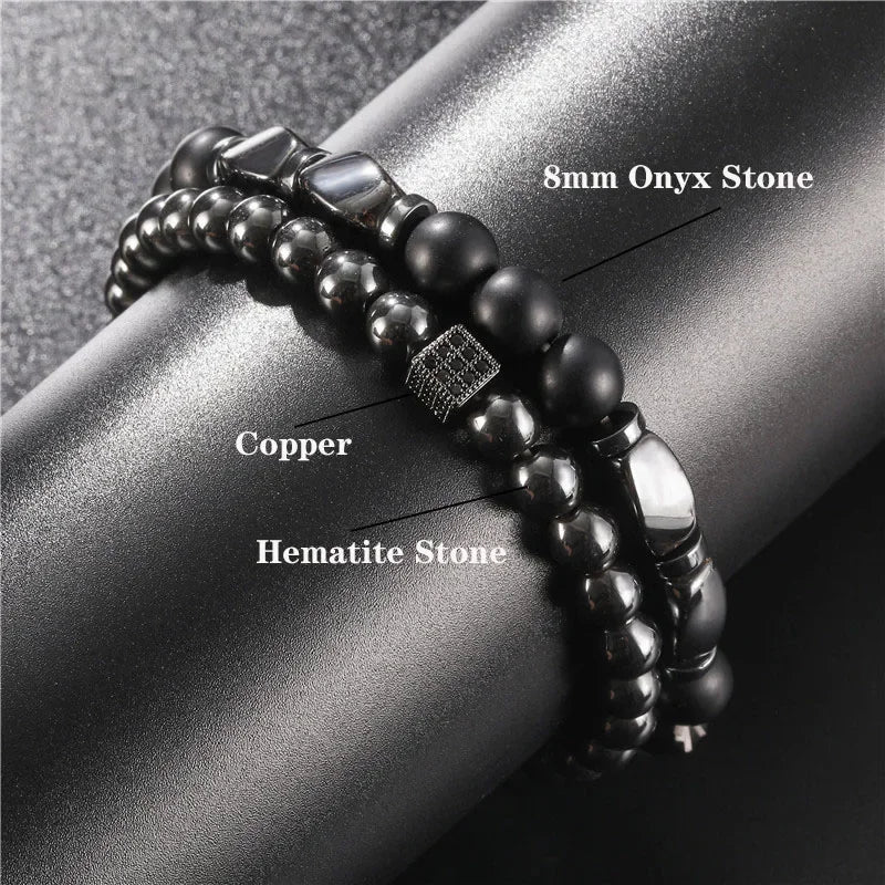 2er-Set Naturstein Armbänder für Männer – Hämatit & Zirkonia, Luxus-Design