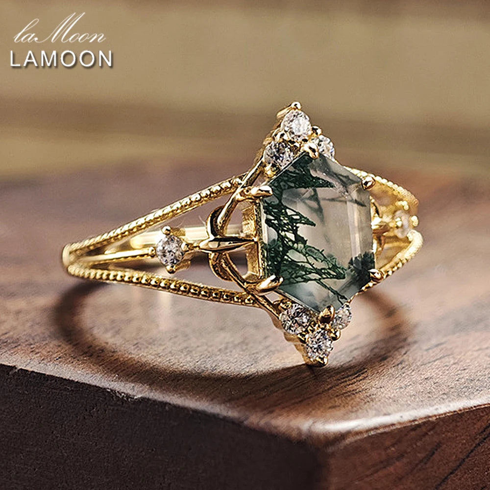 LAMOON Damenring – Moosachat & 925 Sterling Silber