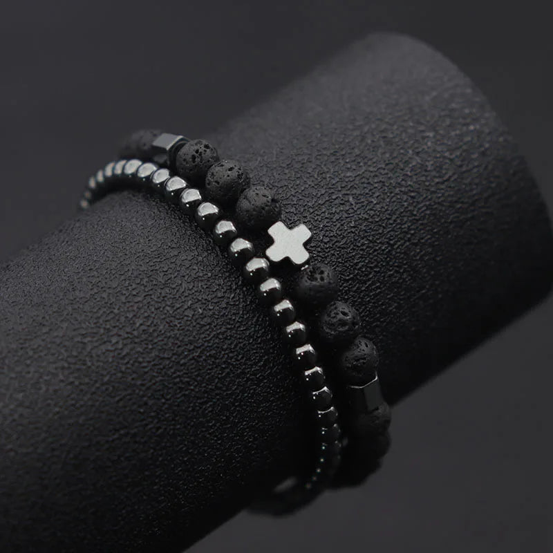 2er-Set Herrenarmbänder – Hematit Kreuz, Lavastein & Tigerauge