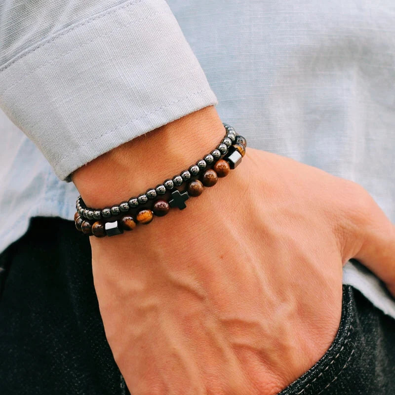 2er-Set Herrenarmbänder – Hematit Kreuz, Lavastein & Tigerauge