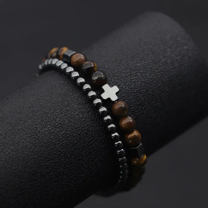2er-Set Herrenarmbänder – Hematit Kreuz, Lavastein & Tigerauge