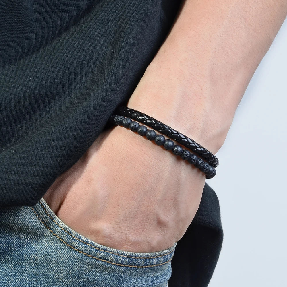 Edelstahl Armband mit Tigerauge & Lavastein – Unisex Naturstein Schmuck