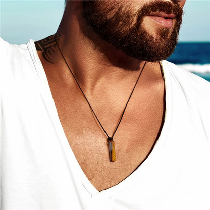 Vintage Herren Halskette – Obsidian & Tigerauge Anhänger mit Lederseil