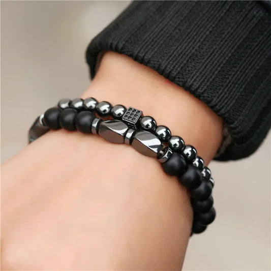 2er-Set Naturstein Armbänder für Männer – Hämatit & Zirkonia, Luxus-Design