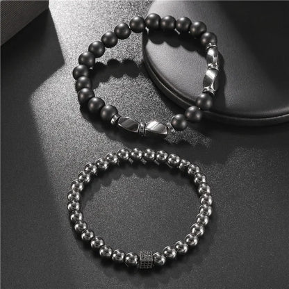 2er-Set Naturstein Armbänder für Männer – Hämatit & Zirkonia, Luxus-Design