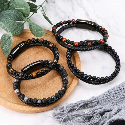 Edelstahl Armband mit Tigerauge & Lavastein – Unisex Naturstein Schmuck