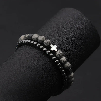 2er-Set Herrenarmbänder – Hematit Kreuz, Lavastein & Tigerauge