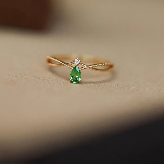 925 Silberring mit 18K Gold & grünem Zirkon – Tropfenform