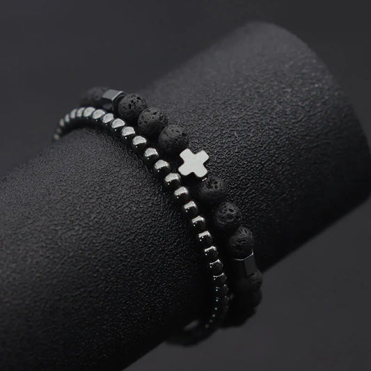 2er-Set Herrenarmbänder – Hematit Kreuz, Lavastein & Tigerauge